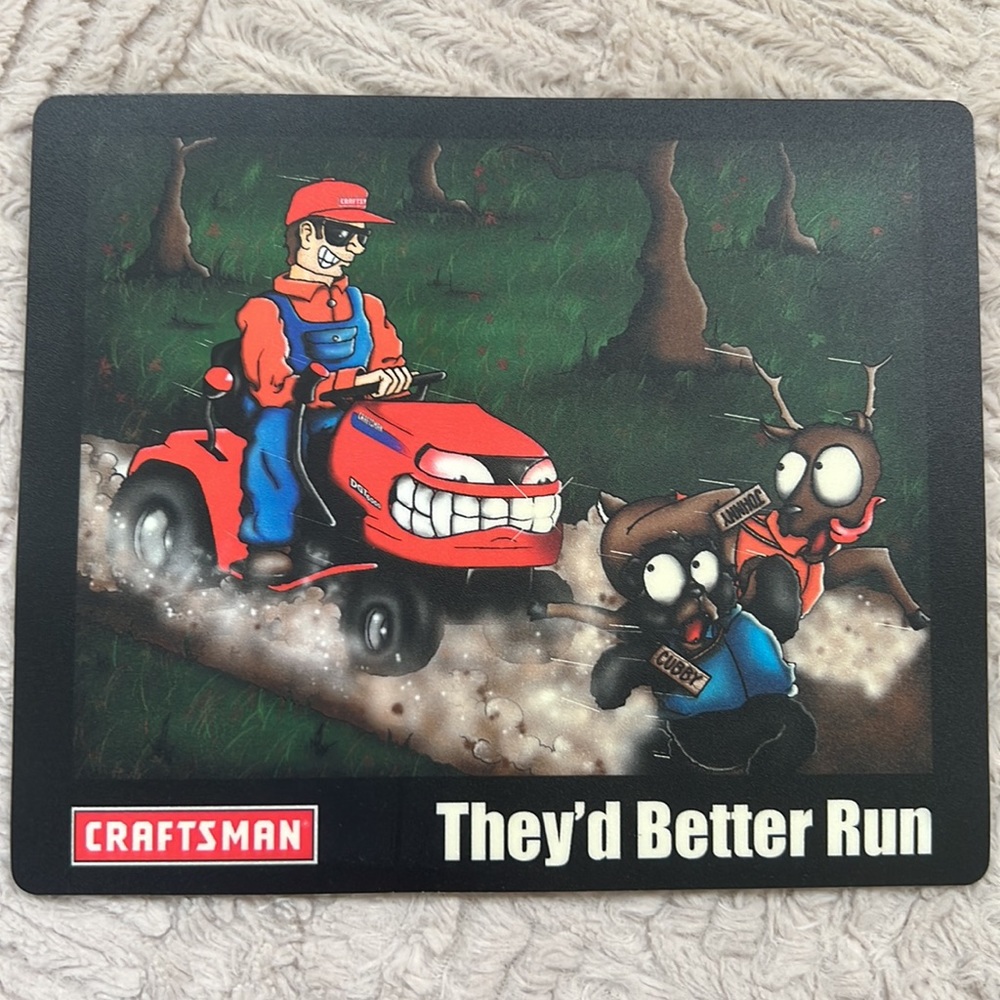 Craftsman- They’d Better Run - man on red tractor mousepad, vintage never used